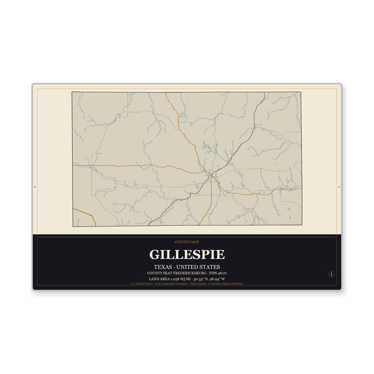 Gillespie County, Texas Map Aluminum Sign in Museum Plaque style