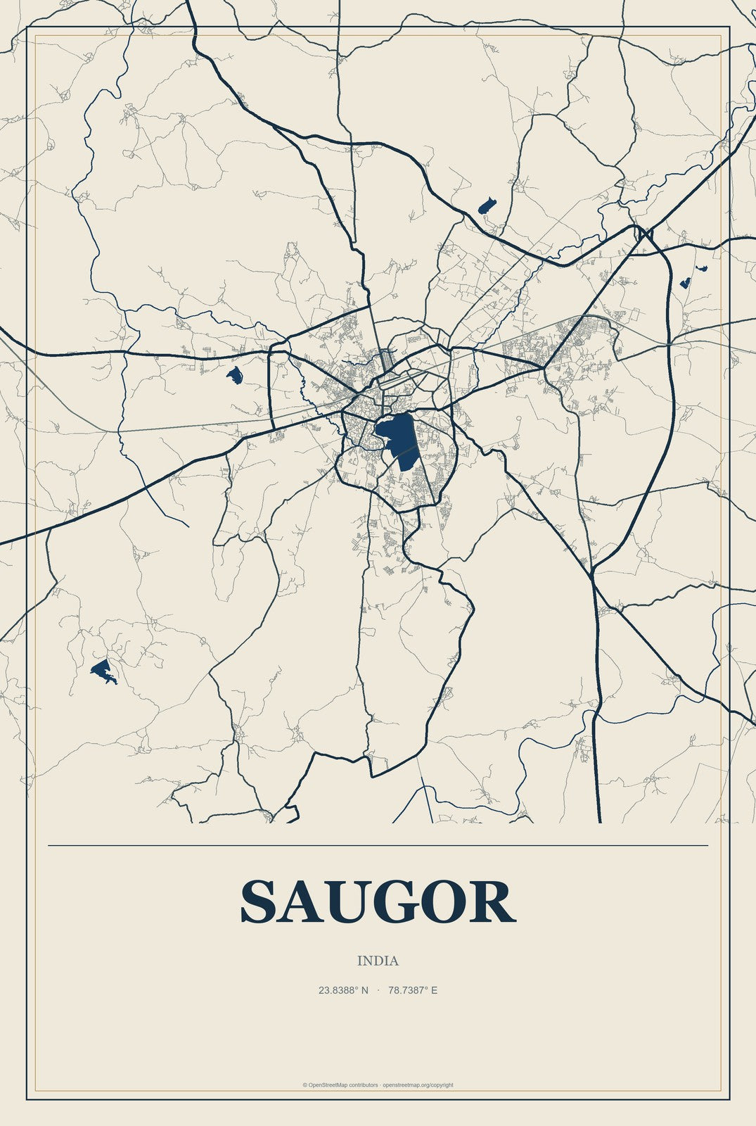 Saugor, India City Map Aluminum Sign in Coastal Cutout style