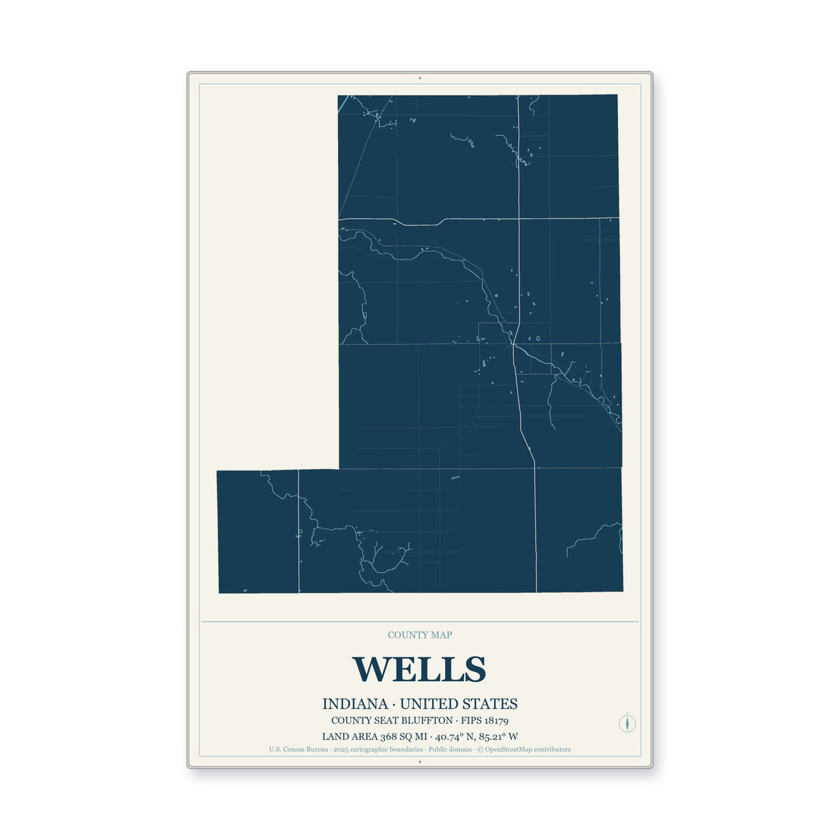 Wells County, Indiana Map Aluminum Sign in Coastal Cutout style