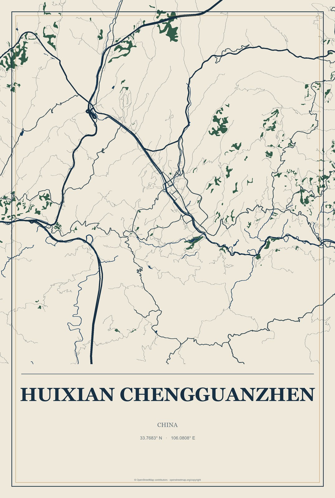 Huixian Chengguanzhen, China City Map Aluminum Sign in Coastal Cutout style