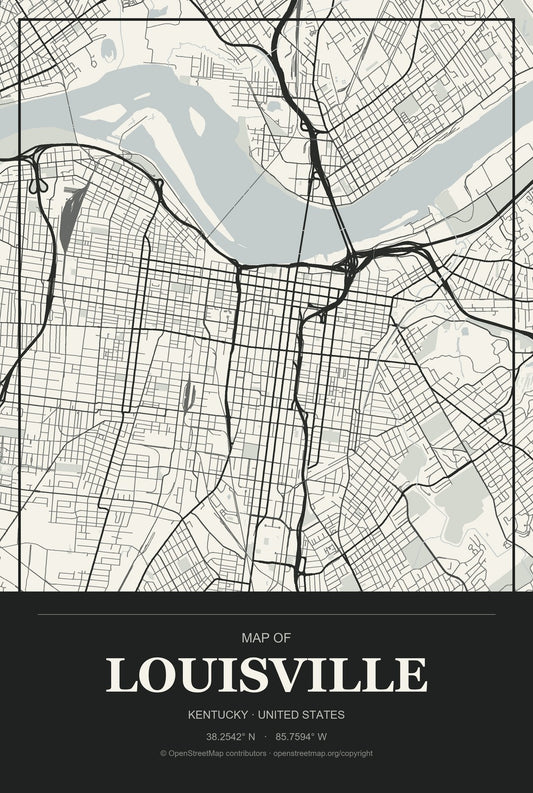 Louisville, Kentucky City Map Aluminum Sign in Museum Plaque style