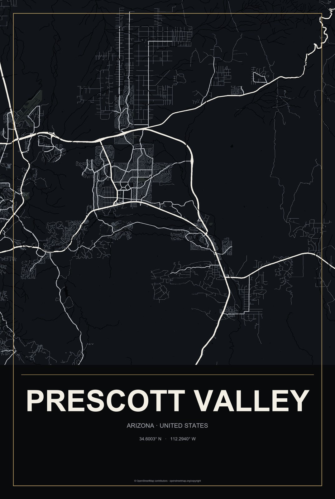 Prescott Valley, Arizona City Map Aluminum Sign in Metropolitan Noir style