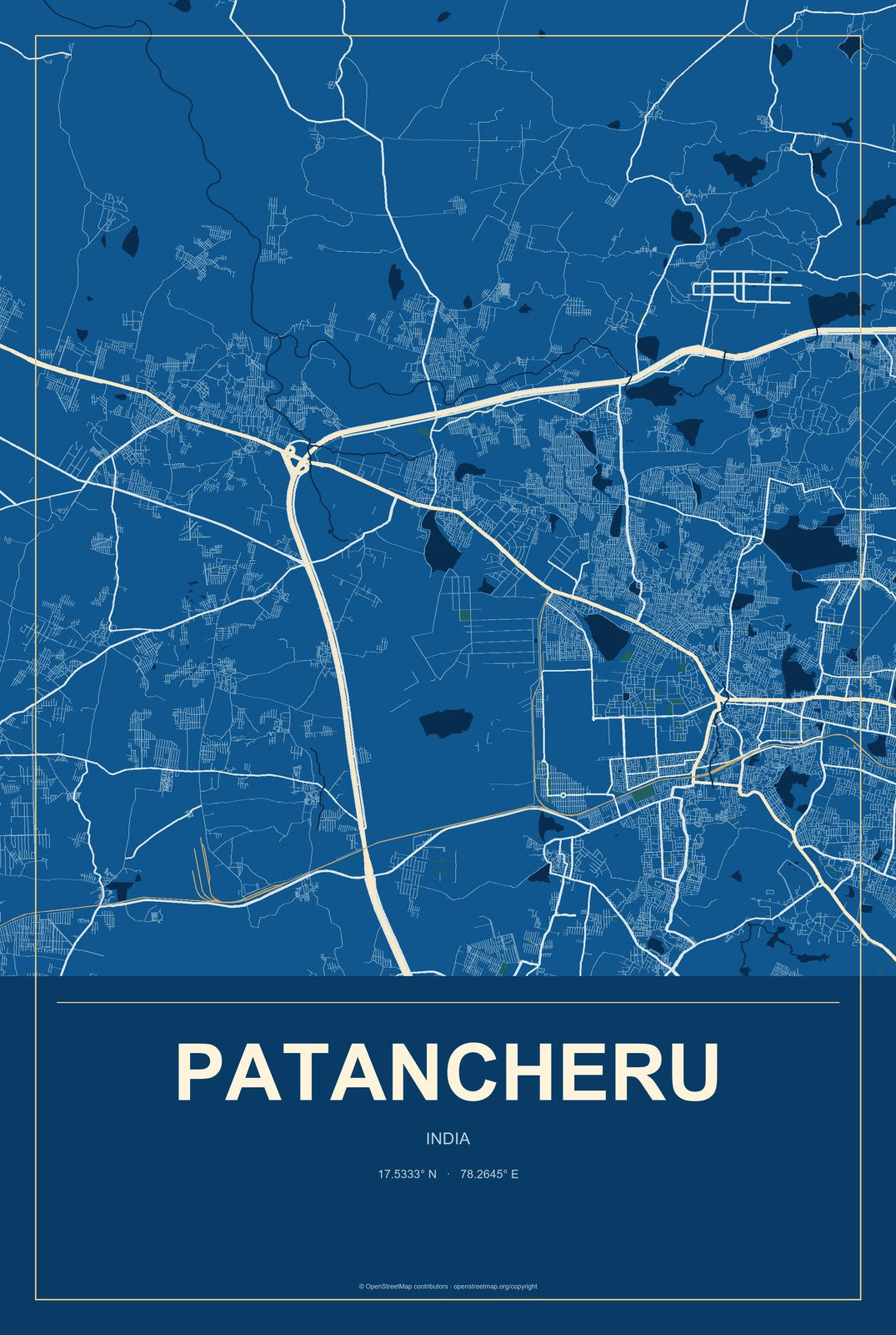 Patancheru, India City Map Aluminum Sign in Harbor Cobalt style