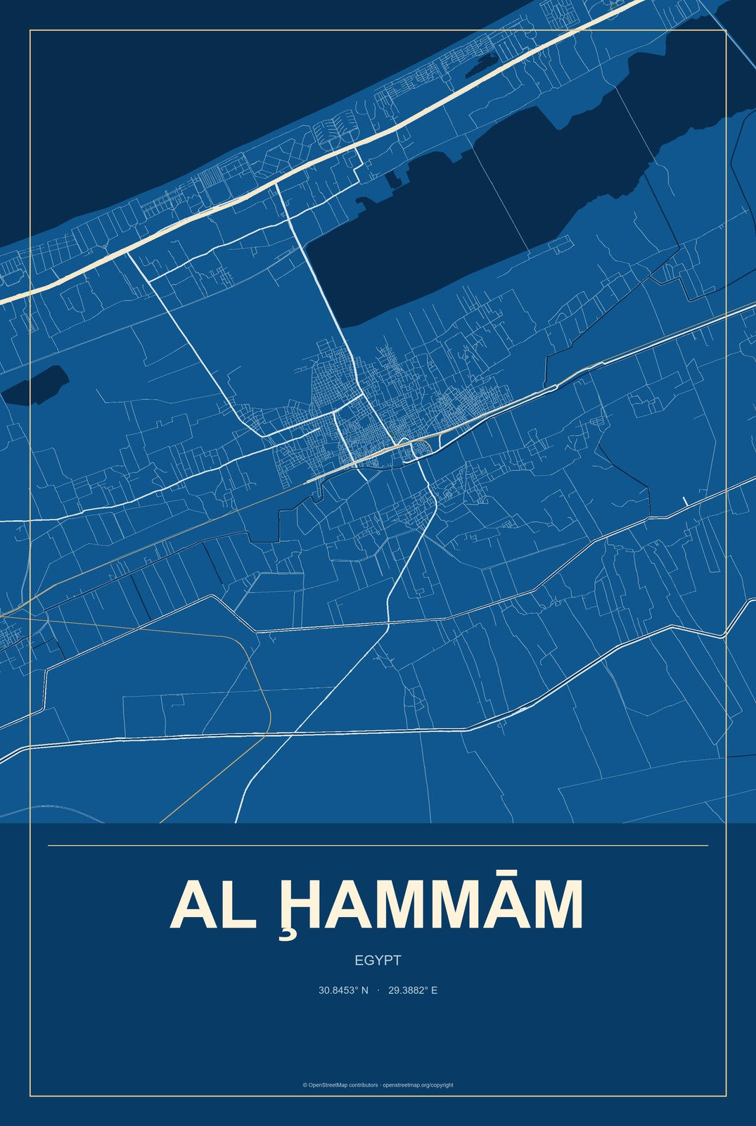 Al Ḩammām, Egypt City Map Aluminum Sign in Harbor Cobalt style
