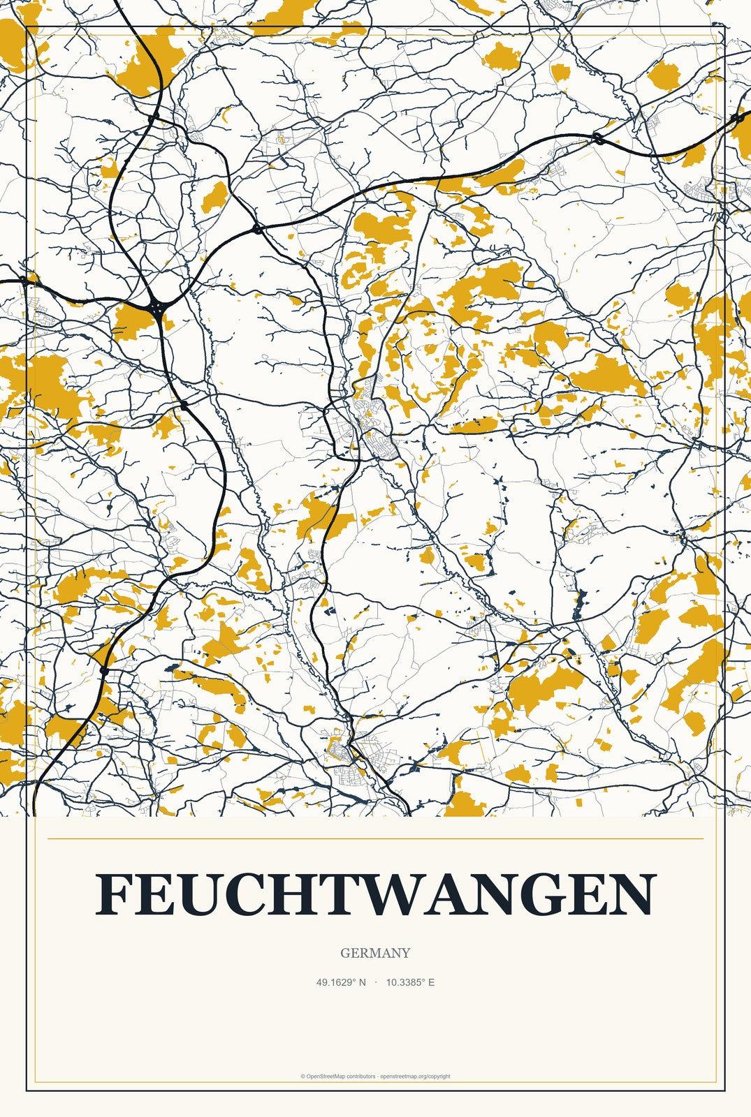 Feuchtwangen, Germany City Map Aluminum Sign in Citrine Modern style