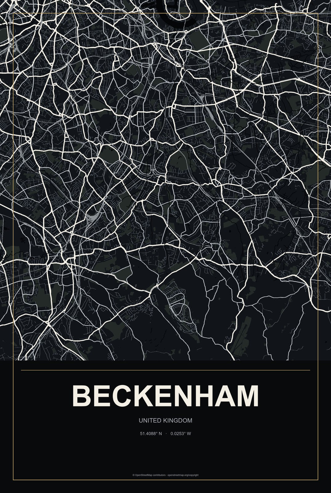 Beckenham, United Kingdom City Map Aluminum Sign in Metropolitan Noir style