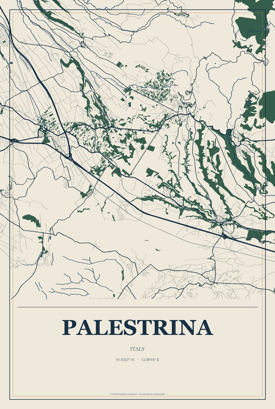 Palestrina, Italy City Map Aluminum Sign in Coastal Cutout style