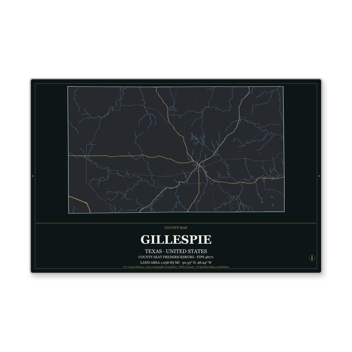 Gillespie County, Texas Map Aluminum Sign in Metropolitan Noir style