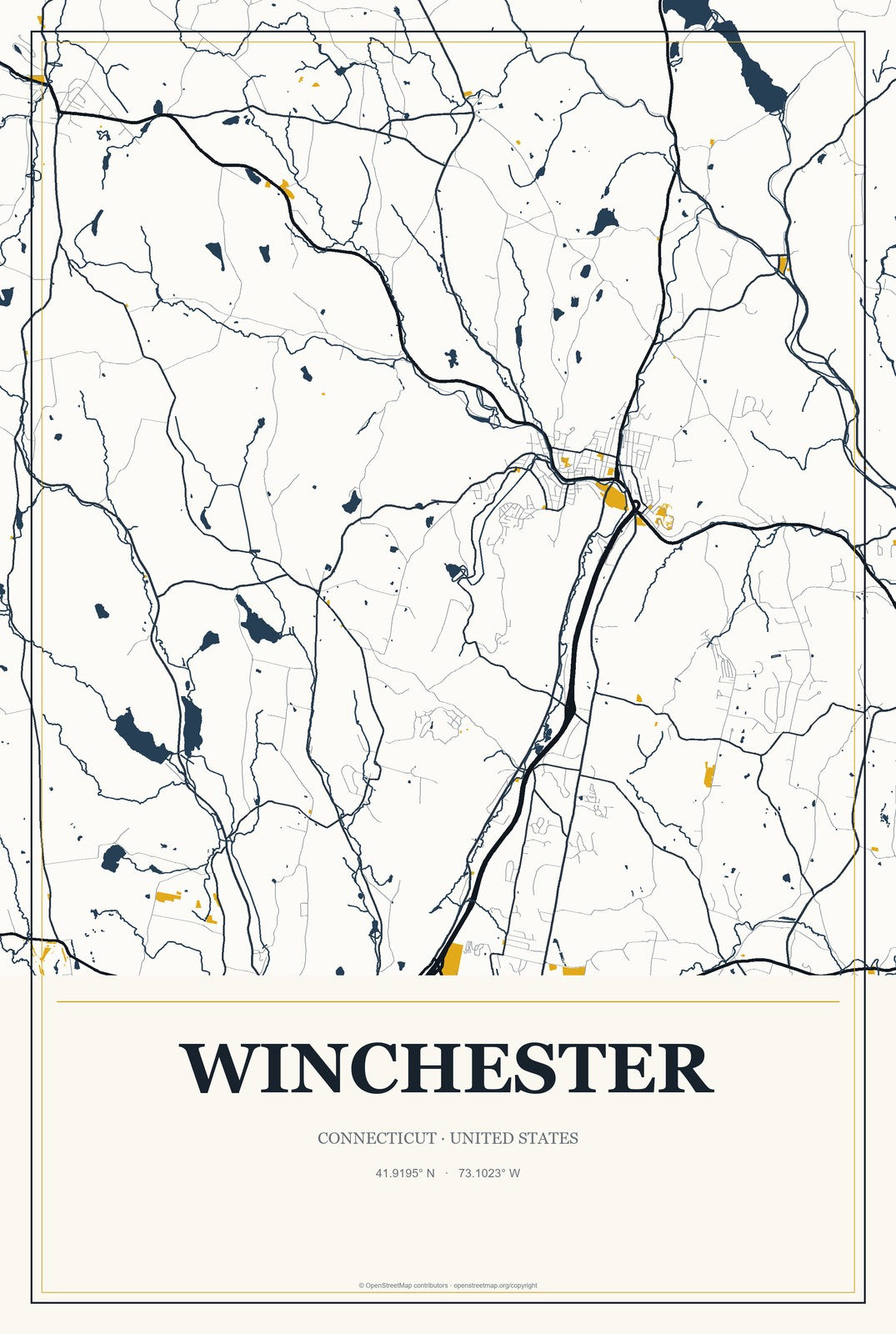 Winchester, Connecticut City Map Aluminum Sign in Citrine Modern style