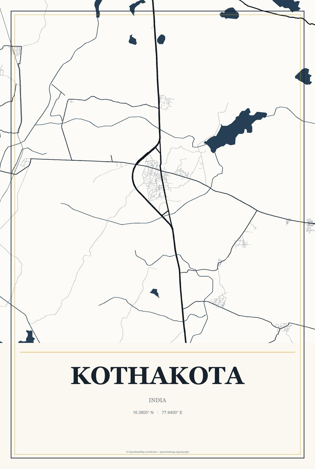 Kothakota, India City Map Aluminum Sign in Citrine Modern style