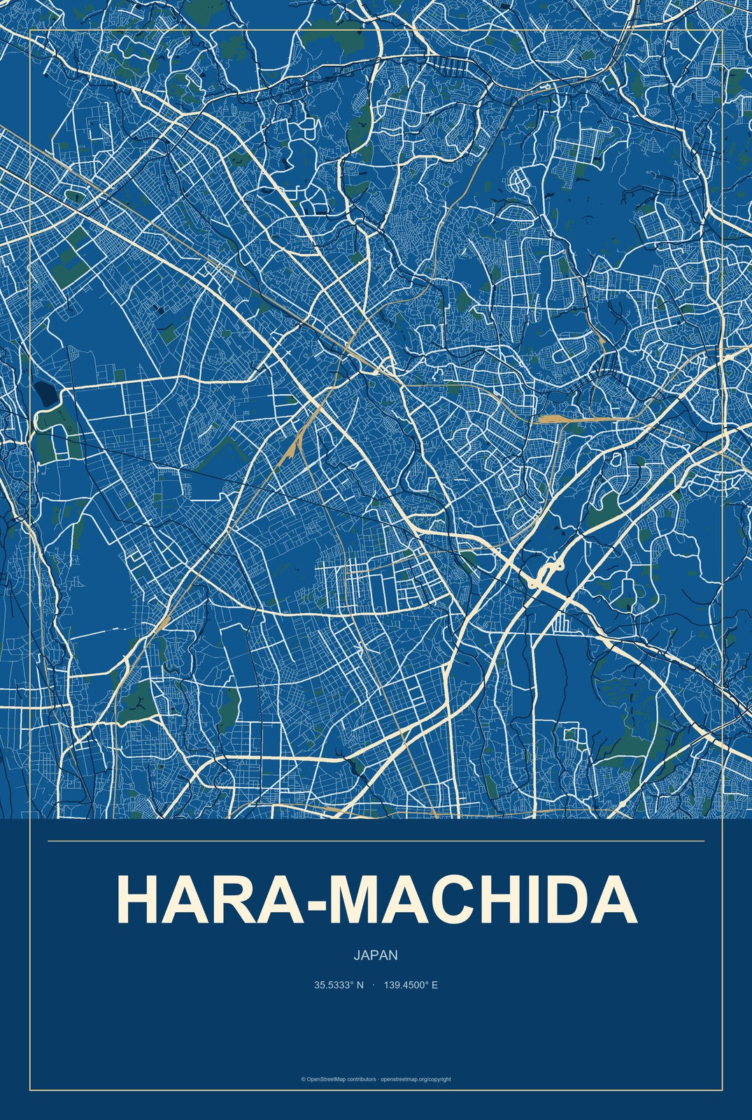 Hara-machida, Japan City Map Aluminum Sign in Harbor Cobalt style