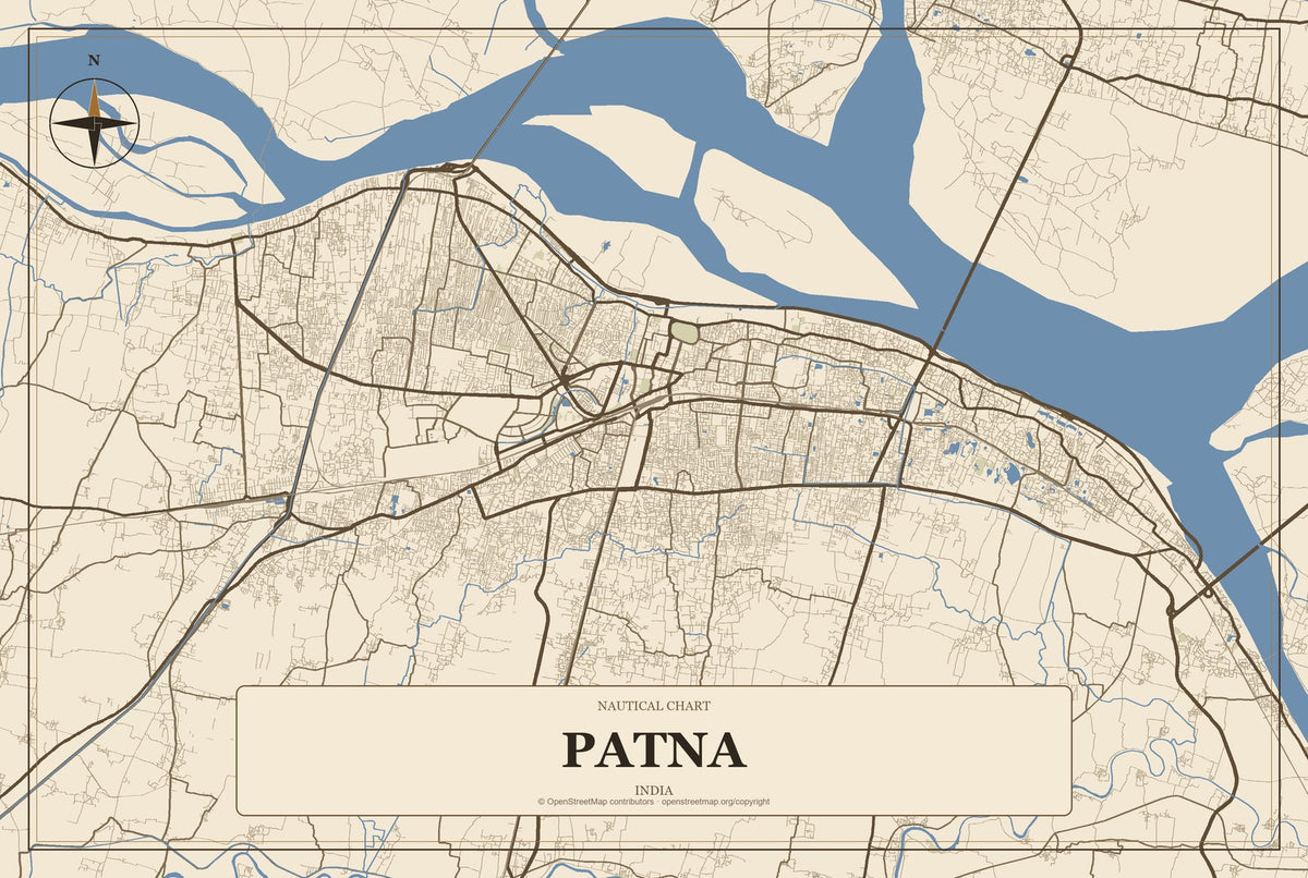 Patna, India City Map Aluminum Sign in Heritage Nautical style