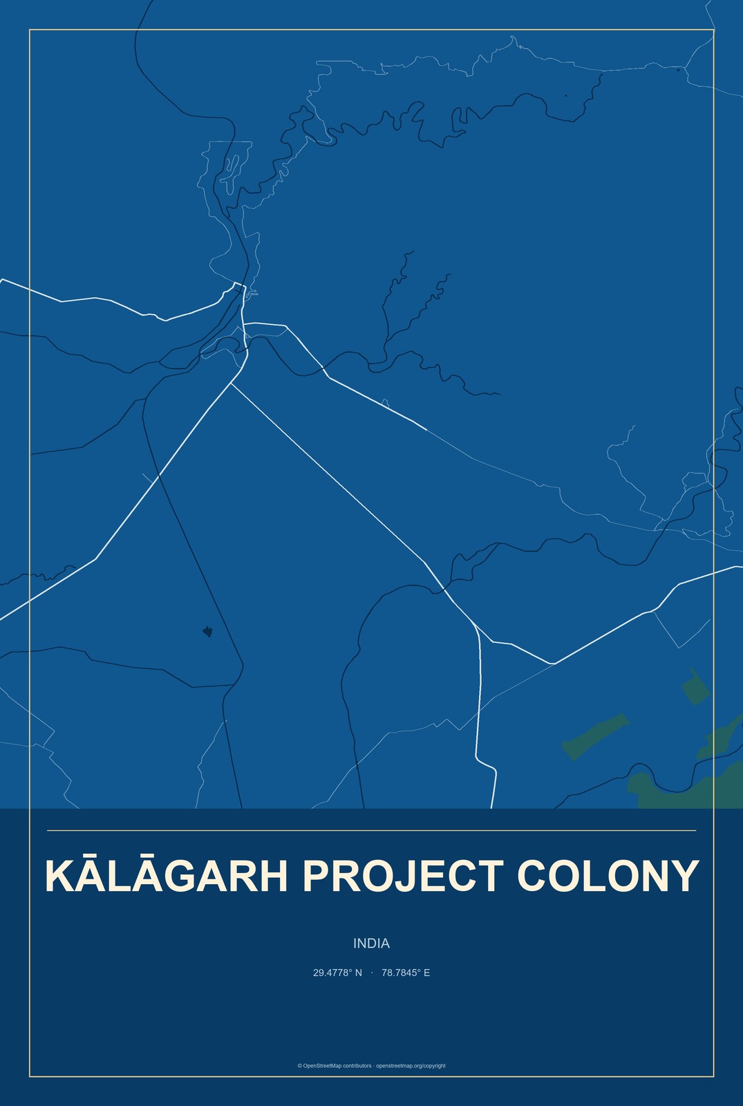 Kālāgarh Project Colony, India City Map Aluminum Sign in Harbor Cobalt style