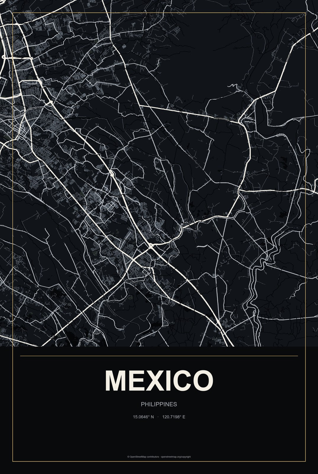 Mexico, Philippines City Map Aluminum Sign in Metropolitan Noir style