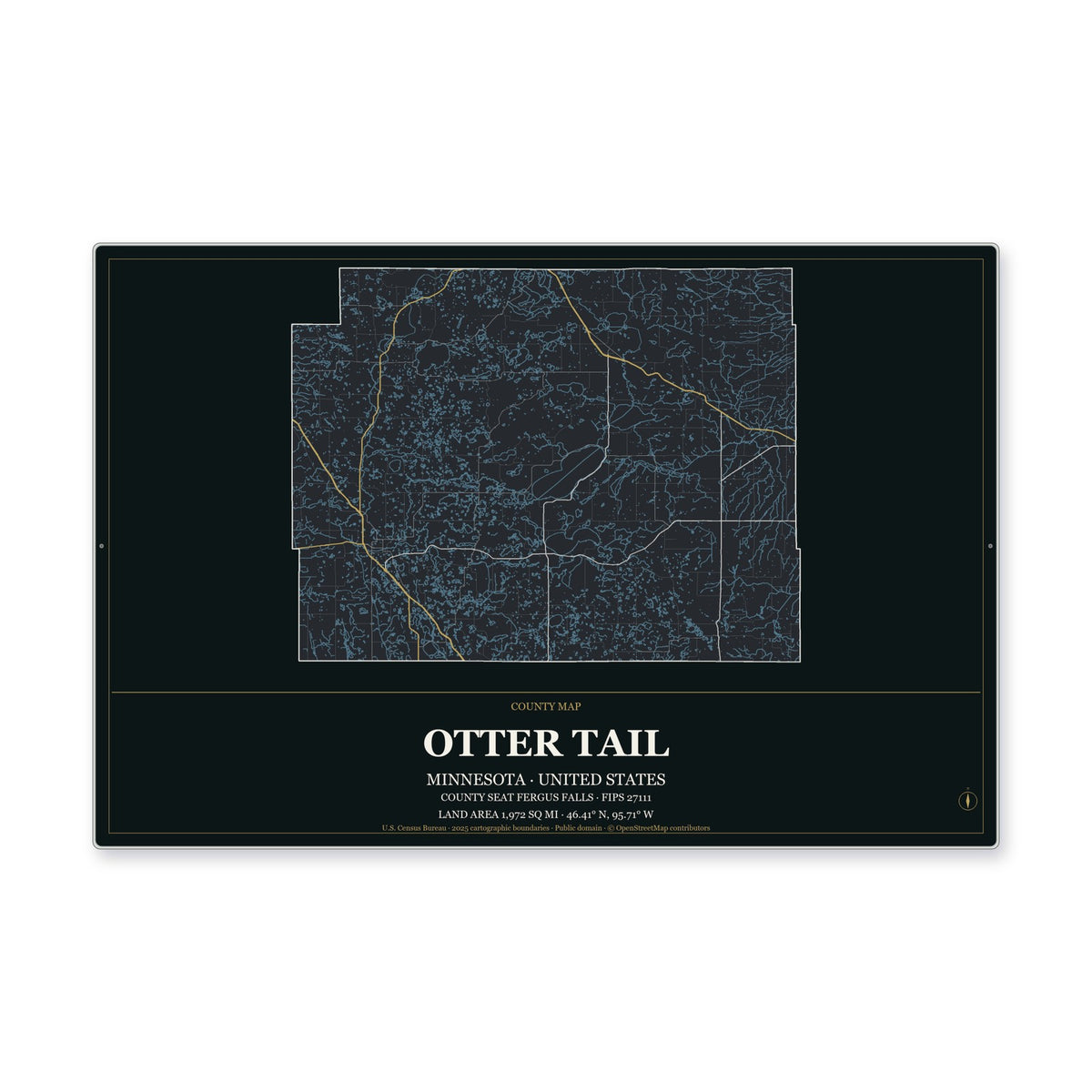 Otter Tail County, Minnesota Map Aluminum Sign in Metropolitan Noir style