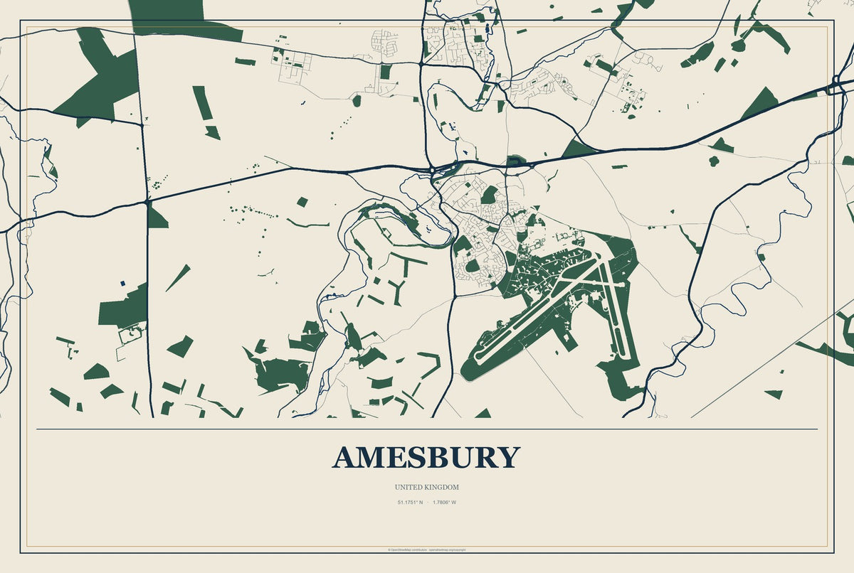 Amesbury, United Kingdom City Map Aluminum Sign in Coastal Cutout style