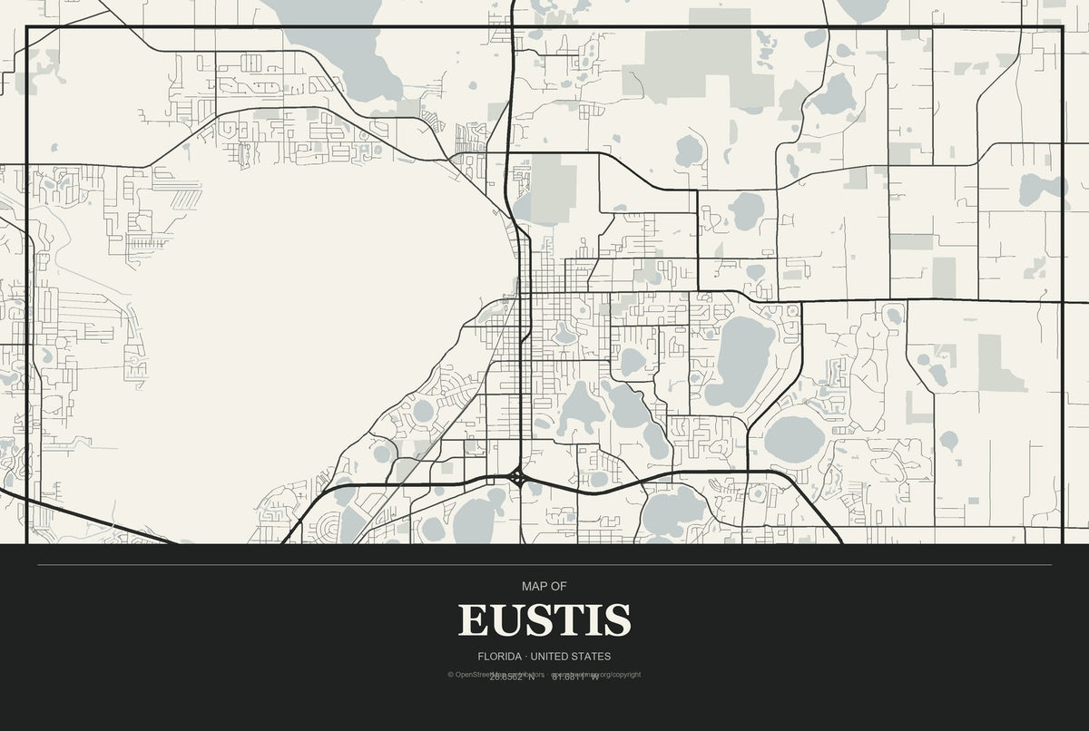 Eustis, Florida City Map Aluminum Sign in Museum Plaque style