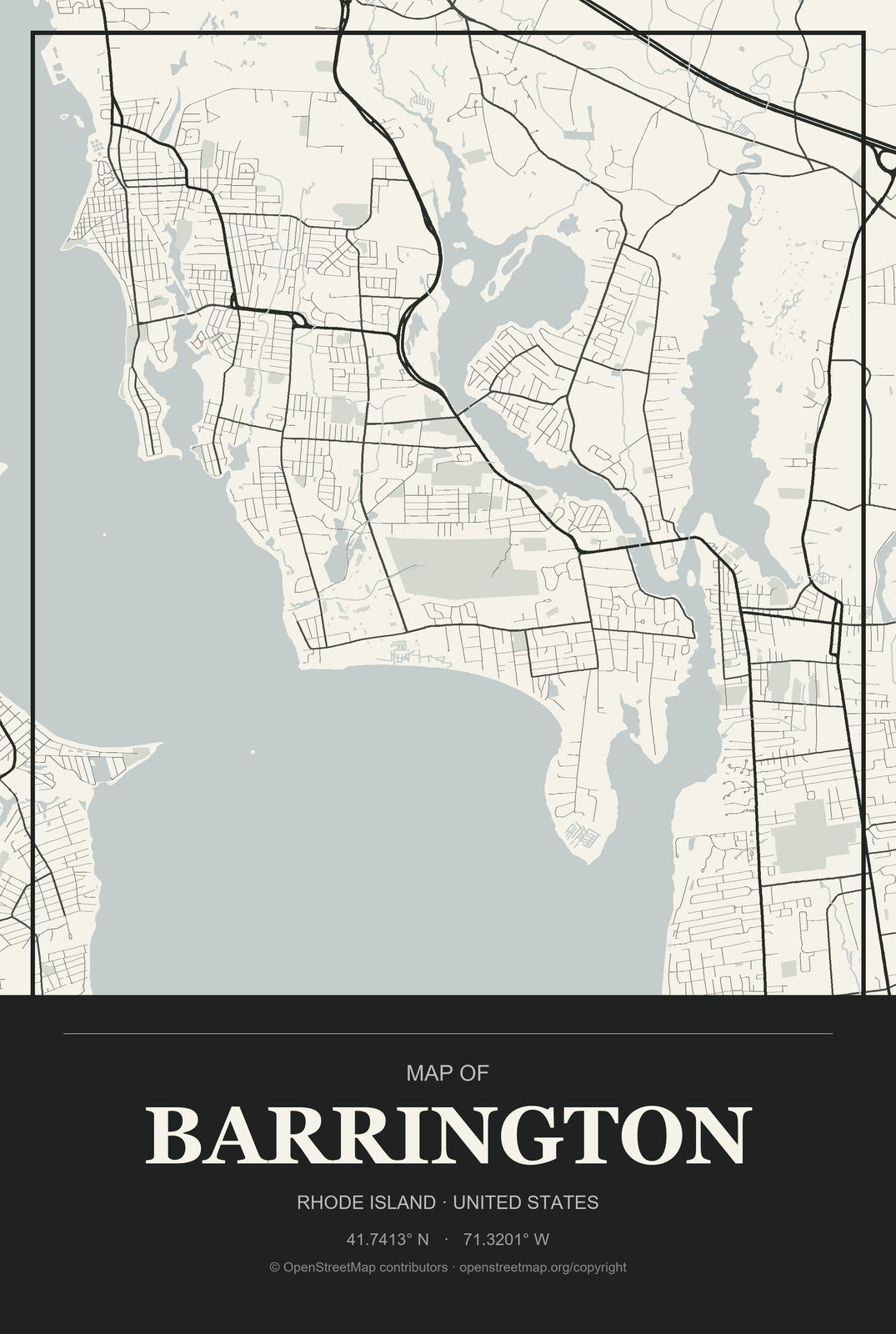 Barrington, Rhode Island City Map Aluminum Sign in Museum Plaque style
