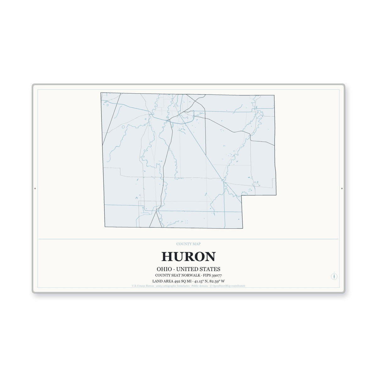 Huron County, Ohio Map Aluminum Sign in Gallery Air style