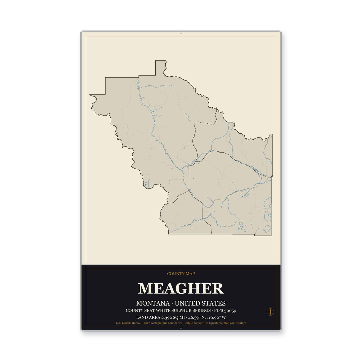 Meagher County, Montana Map Aluminum Sign in Museum Plaque style