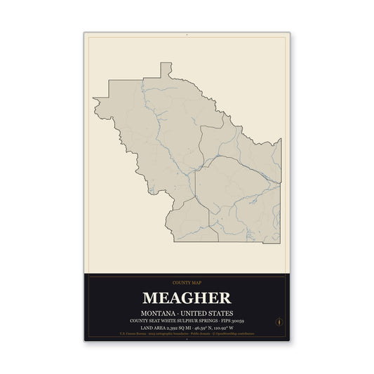 Meagher County, Montana Map Aluminum Sign in Museum Plaque style