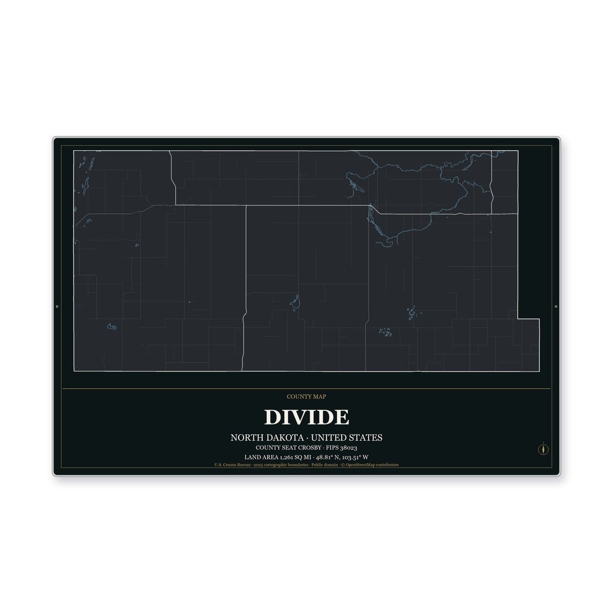 Divide County, North Dakota Map Aluminum Sign in Metropolitan Noir style
