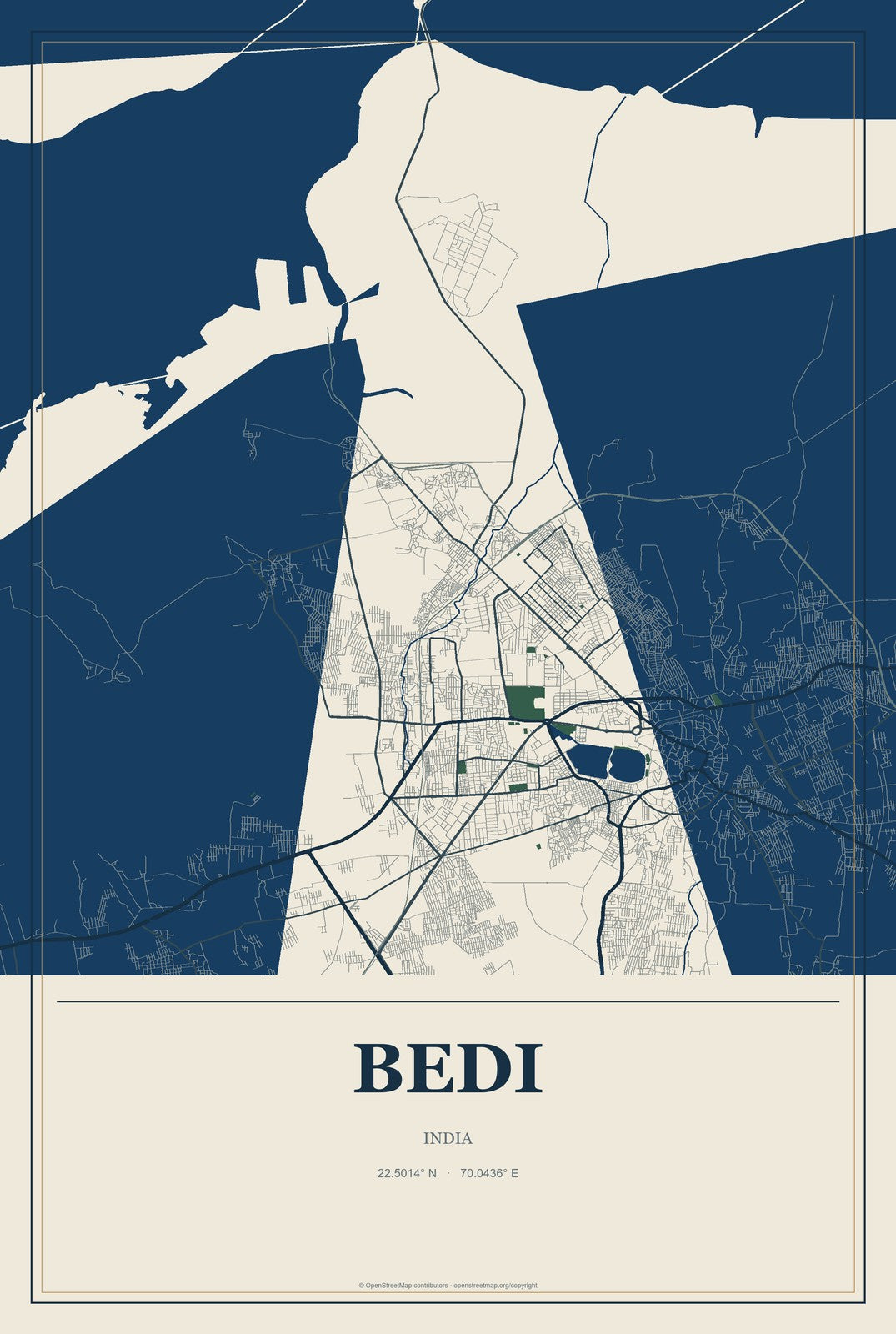 Bedi, India City Map Aluminum Sign in Coastal Cutout style