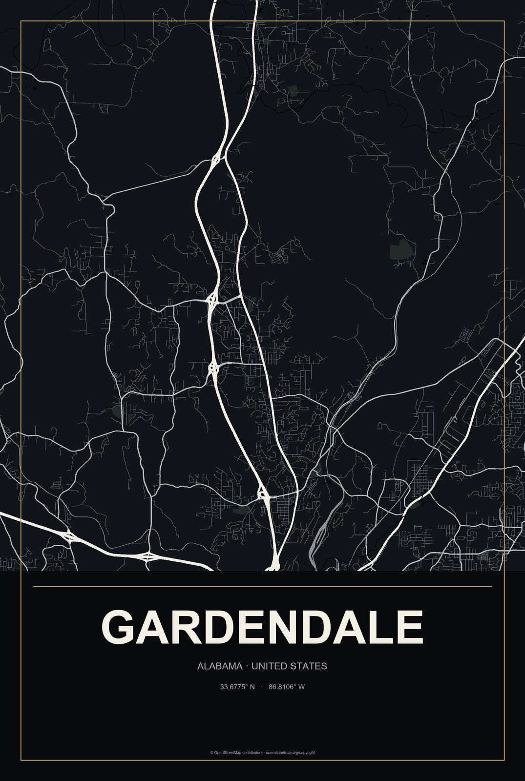 Gardendale, Alabama City Map Aluminum Sign in Metropolitan Noir style