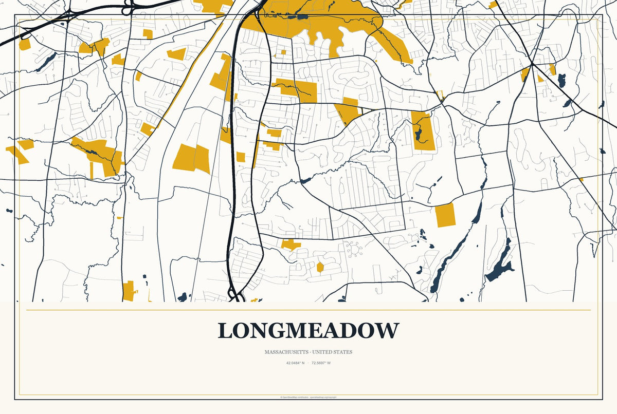 Longmeadow, Massachusetts City Map Aluminum Sign in Citrine Modern style