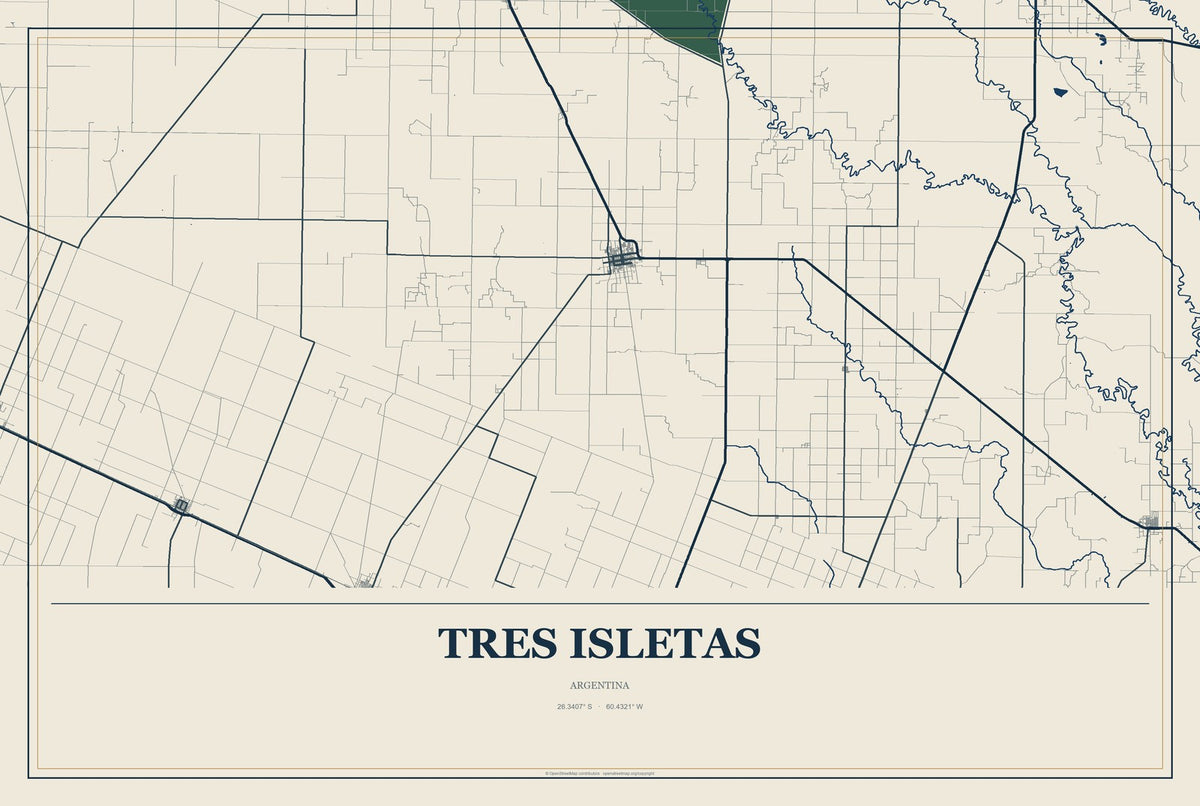 Tres Isletas, Argentina City Map Aluminum Sign in Coastal Cutout style