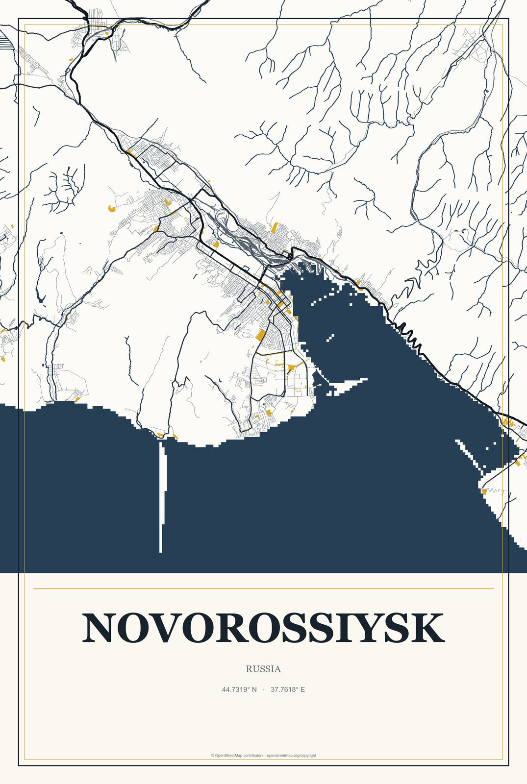 Novorossiysk, Russia City Map Aluminum Sign in Citrine Modern style