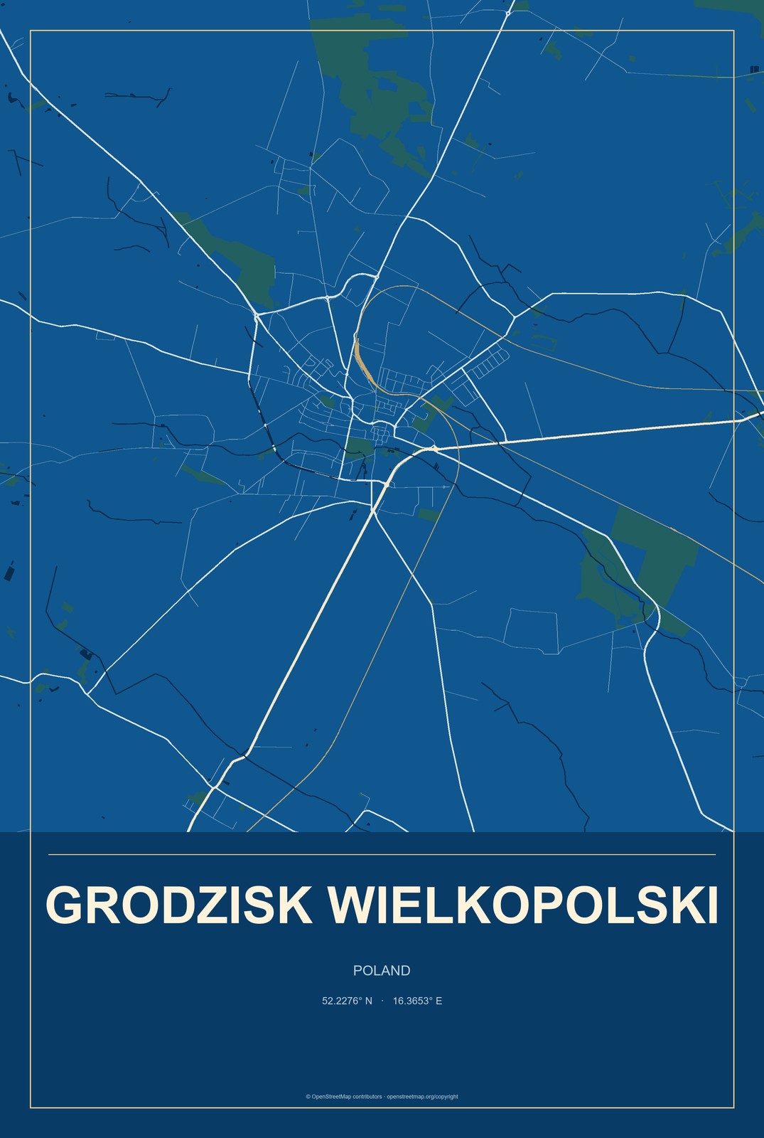 Grodzisk Wielkopolski, Poland City Map Aluminum Sign in Harbor Cobalt style