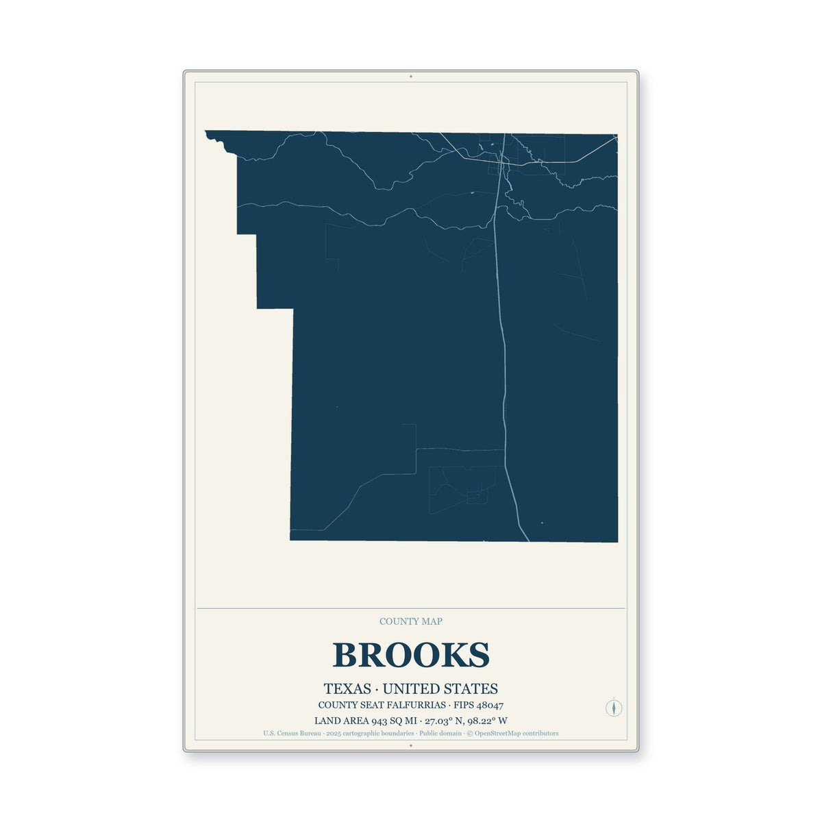 Brooks County, Texas Map Aluminum Sign in Coastal Cutout style