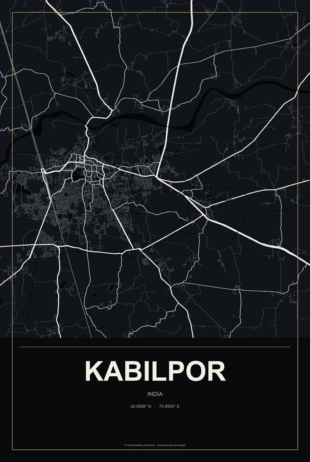 Kabilpor, India City Map Aluminum Sign in Metropolitan Noir style