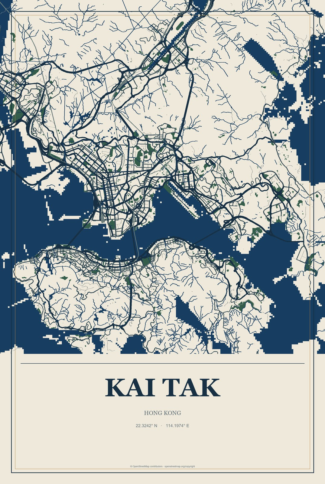 Kai Tak, Hong Kong City Map Aluminum Sign in Coastal Cutout style