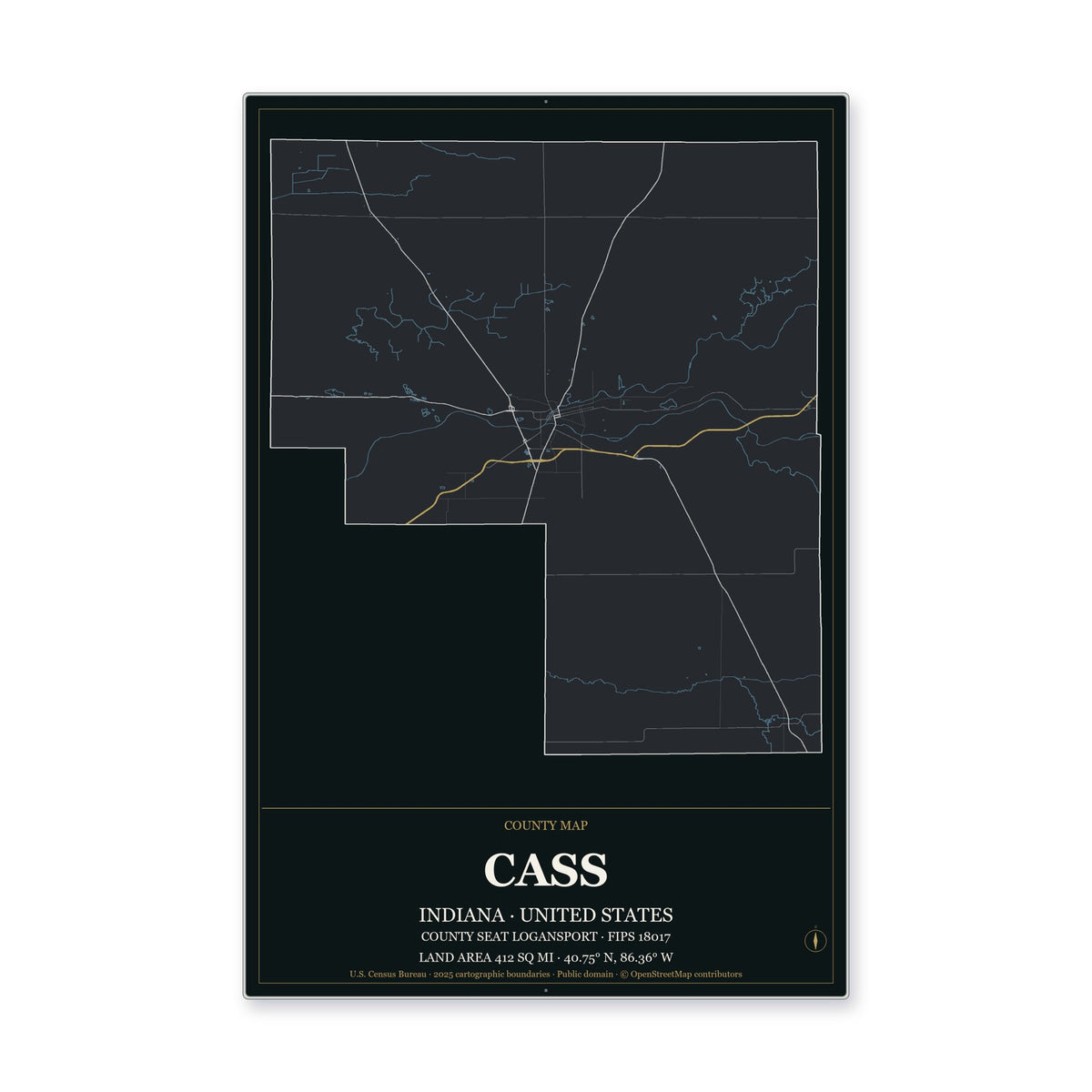 Cass County, Indiana Map Aluminum Sign in Metropolitan Noir style
