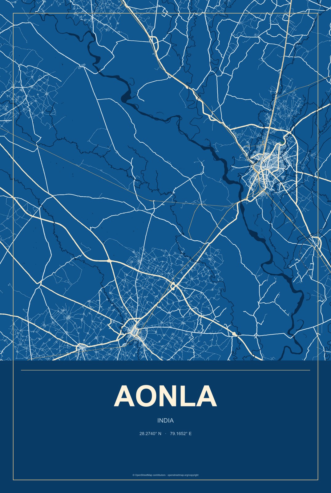 Aonla, India City Map Aluminum Sign in Harbor Cobalt style
