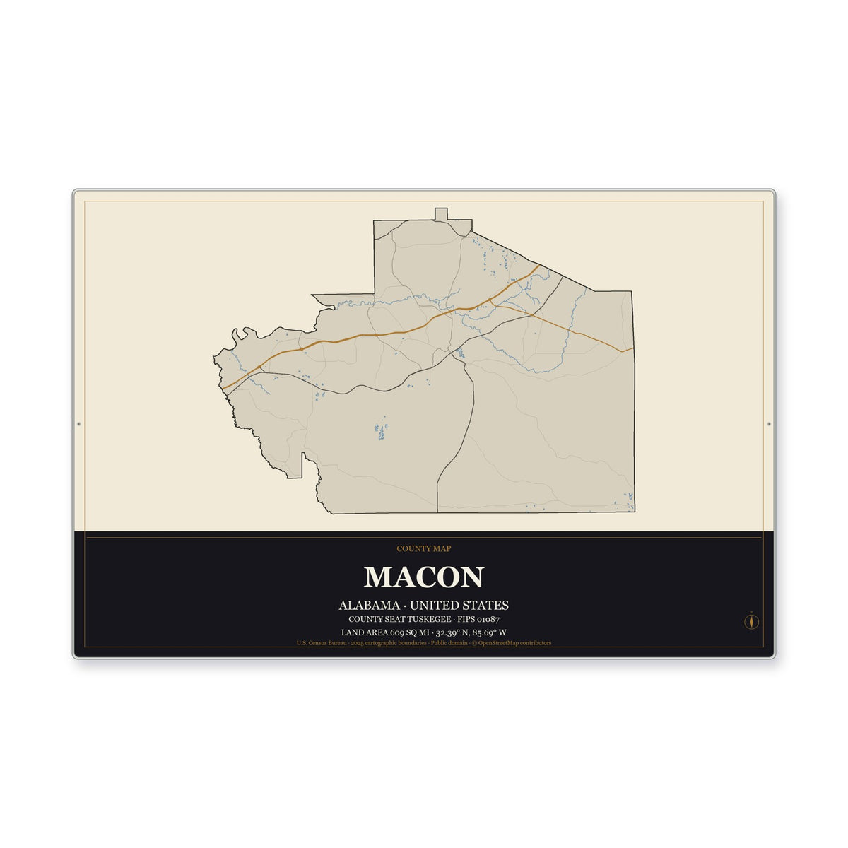 Macon County, Alabama Map Aluminum Sign in Museum Plaque style