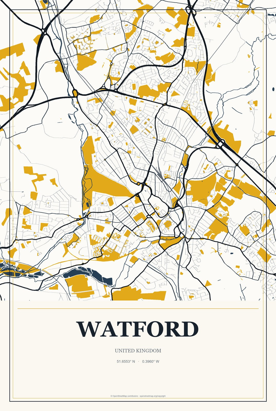 Watford, United Kingdom City Map Aluminum Sign in Citrine Modern style