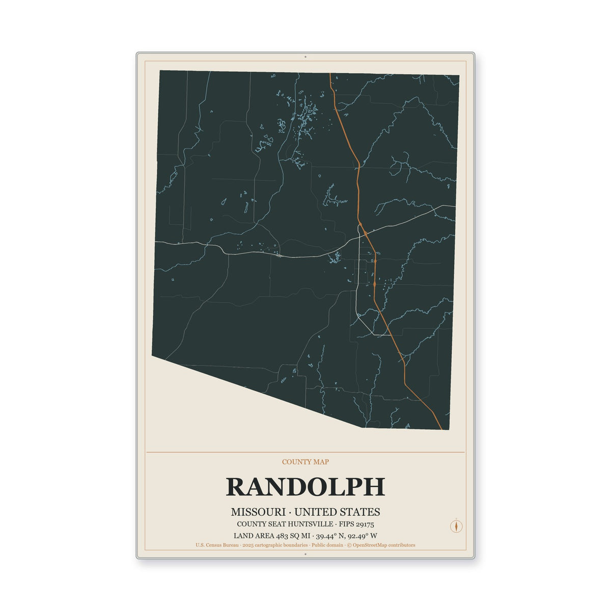 Randolph County, Missouri Map Aluminum Sign in Headline Atlas style