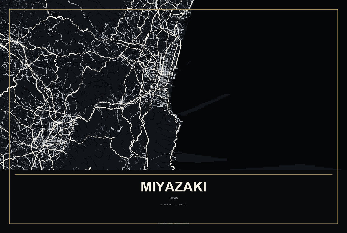 Miyazaki, Japan City Map Aluminum Sign in Metropolitan Noir style