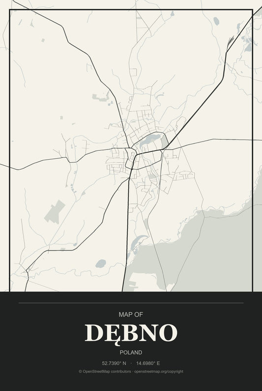 Dębno, Poland City Map Aluminum Sign in Museum Plaque style