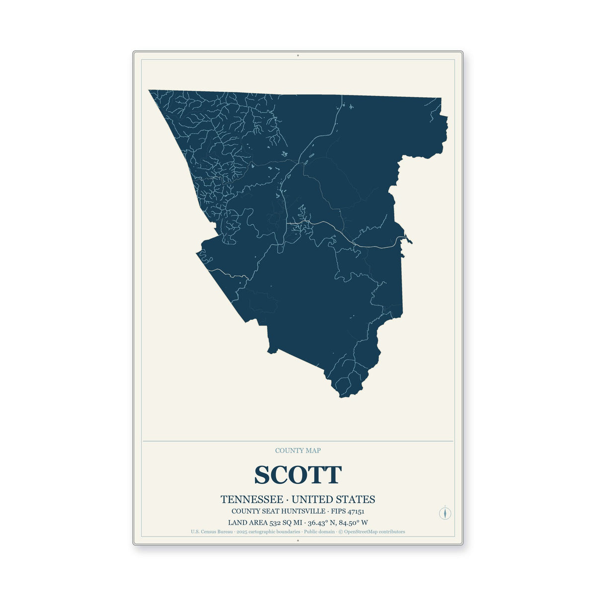 Scott County, Tennessee Map Aluminum Sign in Coastal Cutout style