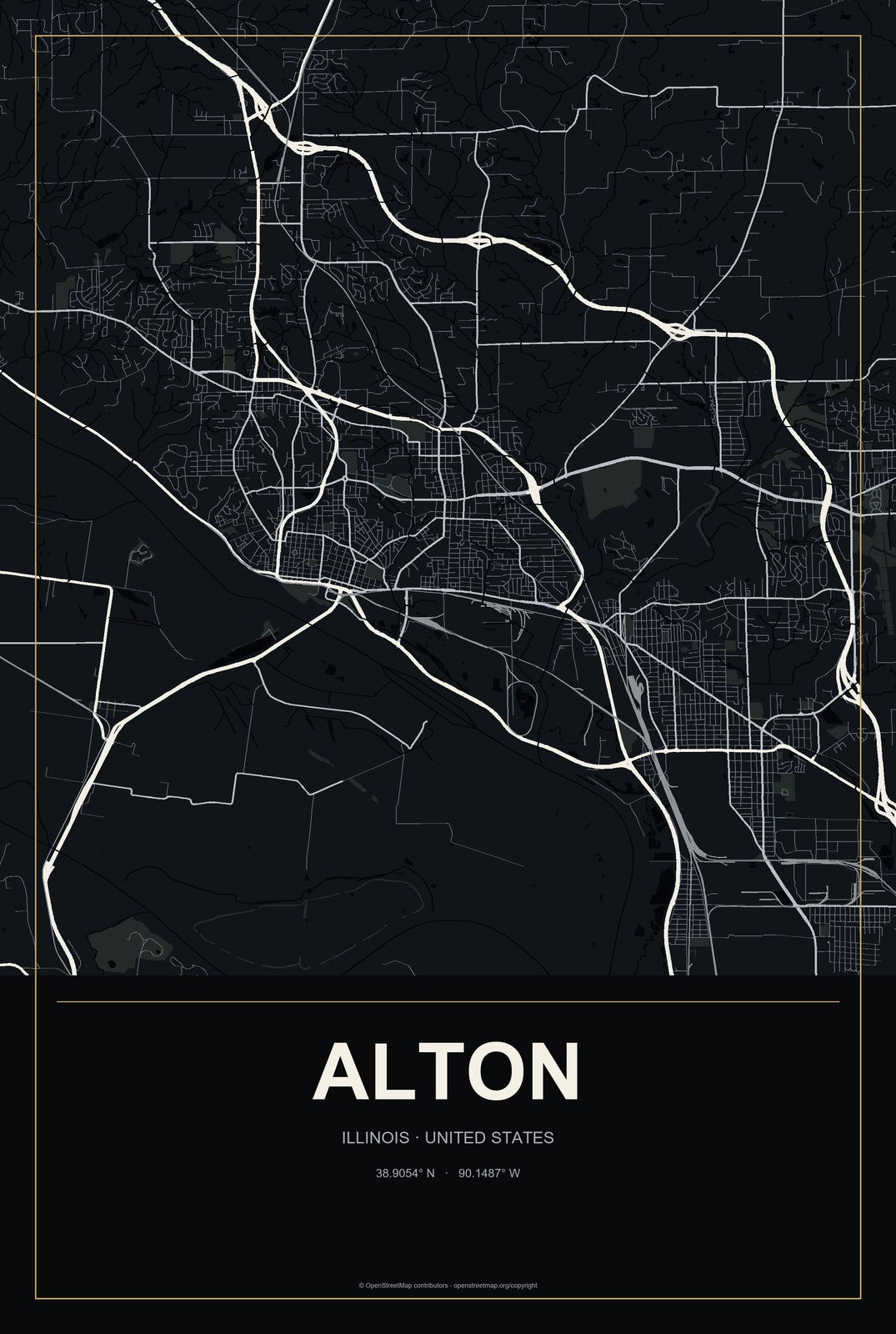Alton, Illinois City Map Aluminum Sign in Metropolitan Noir style