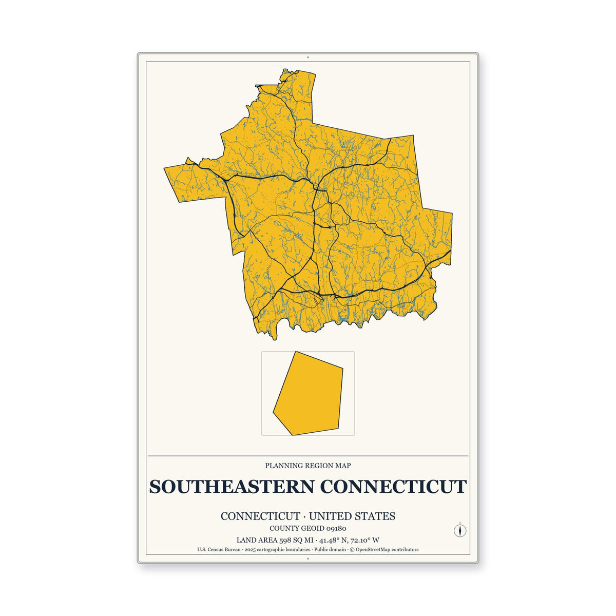 Southeastern Connecticut Planning Region, Connecticut Map Aluminum Sign in Citrine Modern style