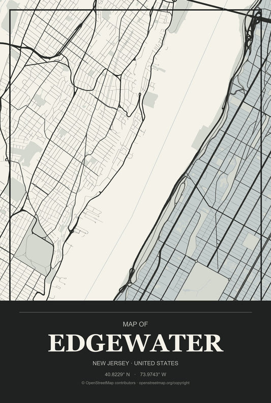 Edgewater, New Jersey City Map Aluminum Sign in Museum Plaque style
