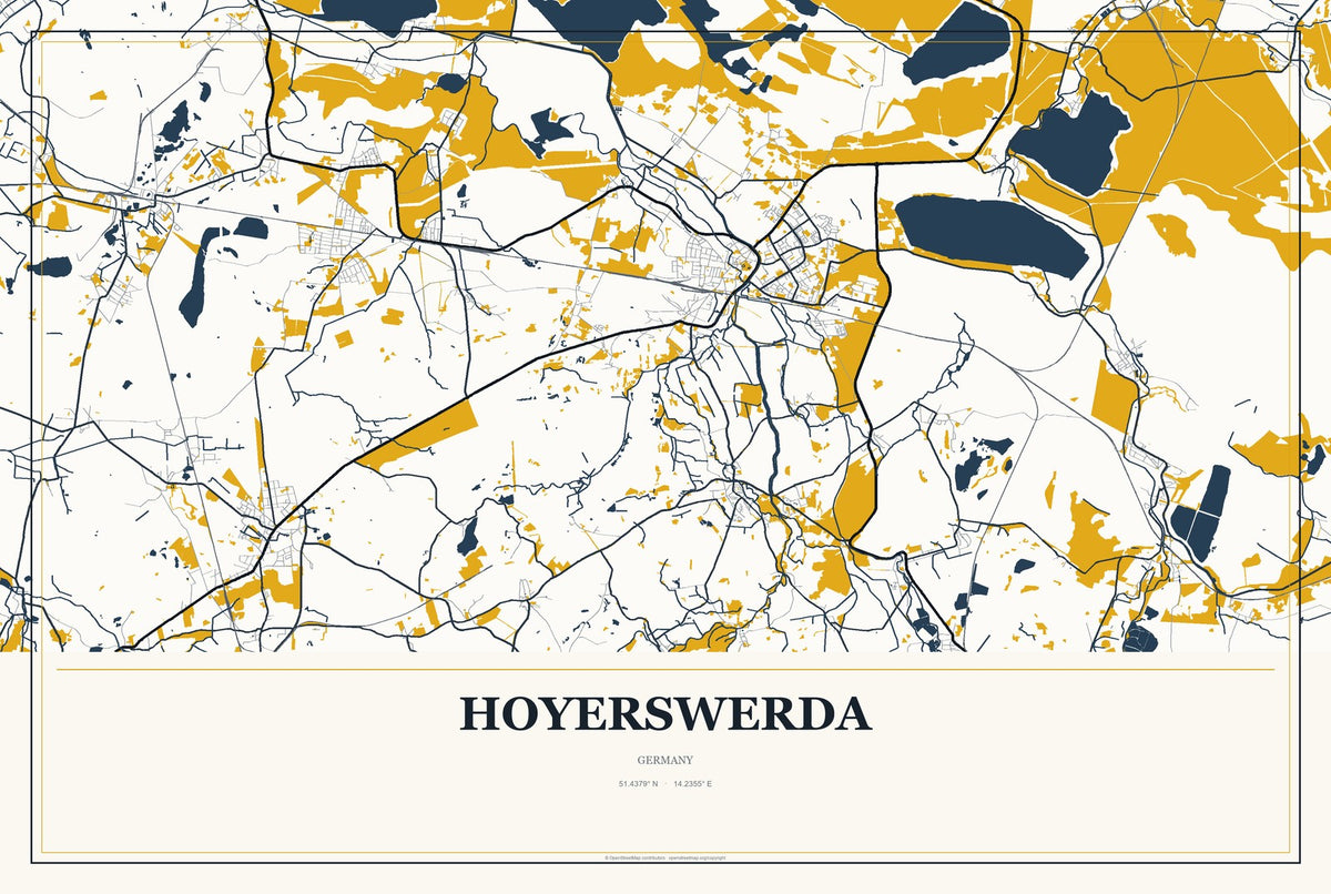 Hoyerswerda, Germany City Map Aluminum Sign in Citrine Modern style
