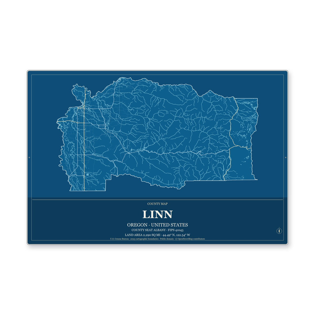 Linn County, Oregon Map Aluminum Sign in Harbor Cobalt style
