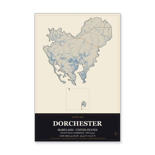 Dorchester County, Maryland Map Aluminum Sign in Museum Plaque style