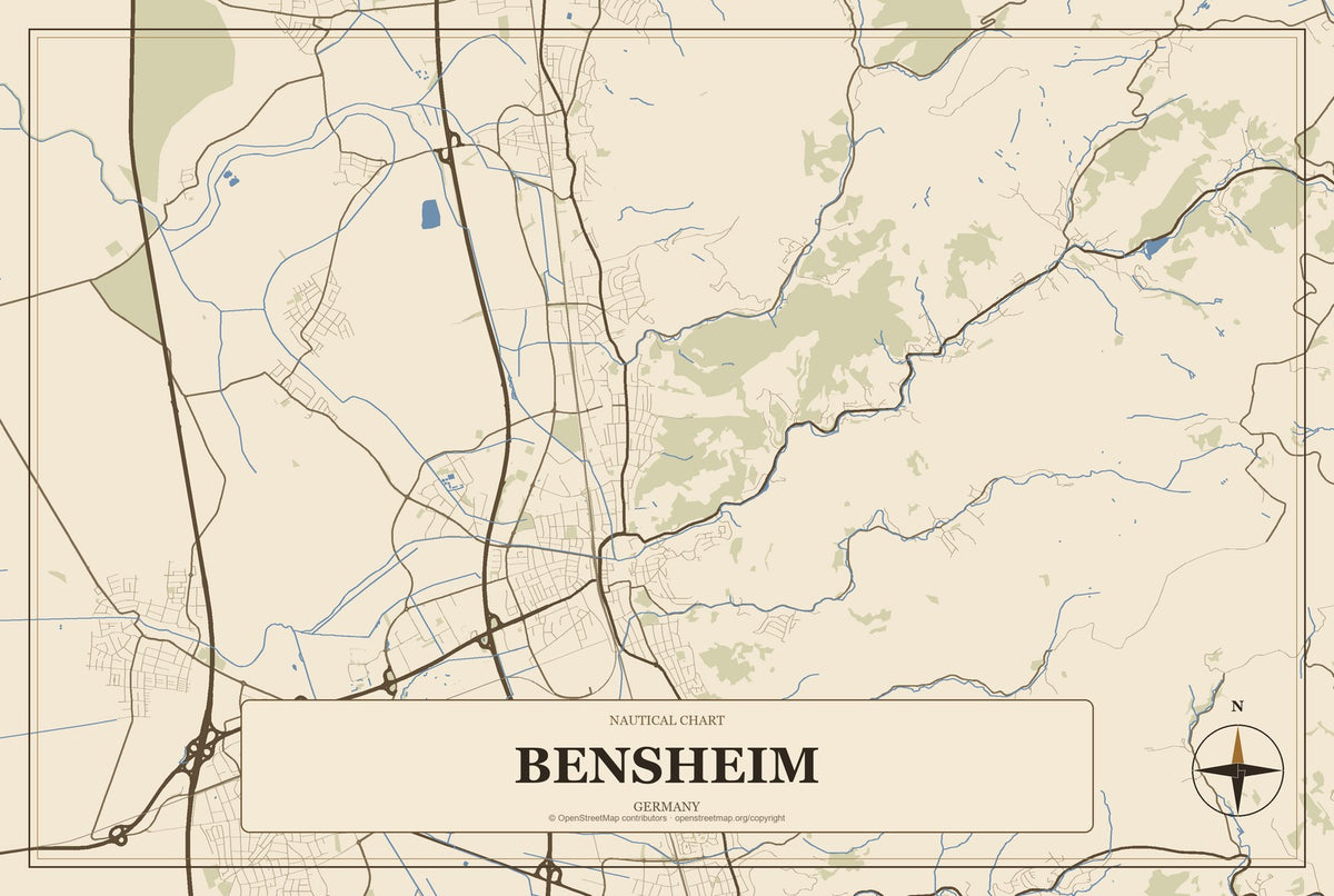 Bensheim, Germany City Map Aluminum Sign in Heritage Nautical style